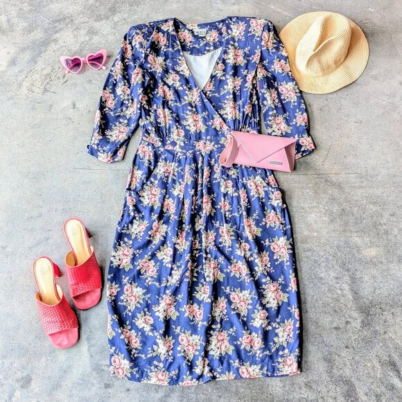 Vintage Union Made REO Navy Blue Floral Surplice 3/4 Sleeve Midi Dress size 14